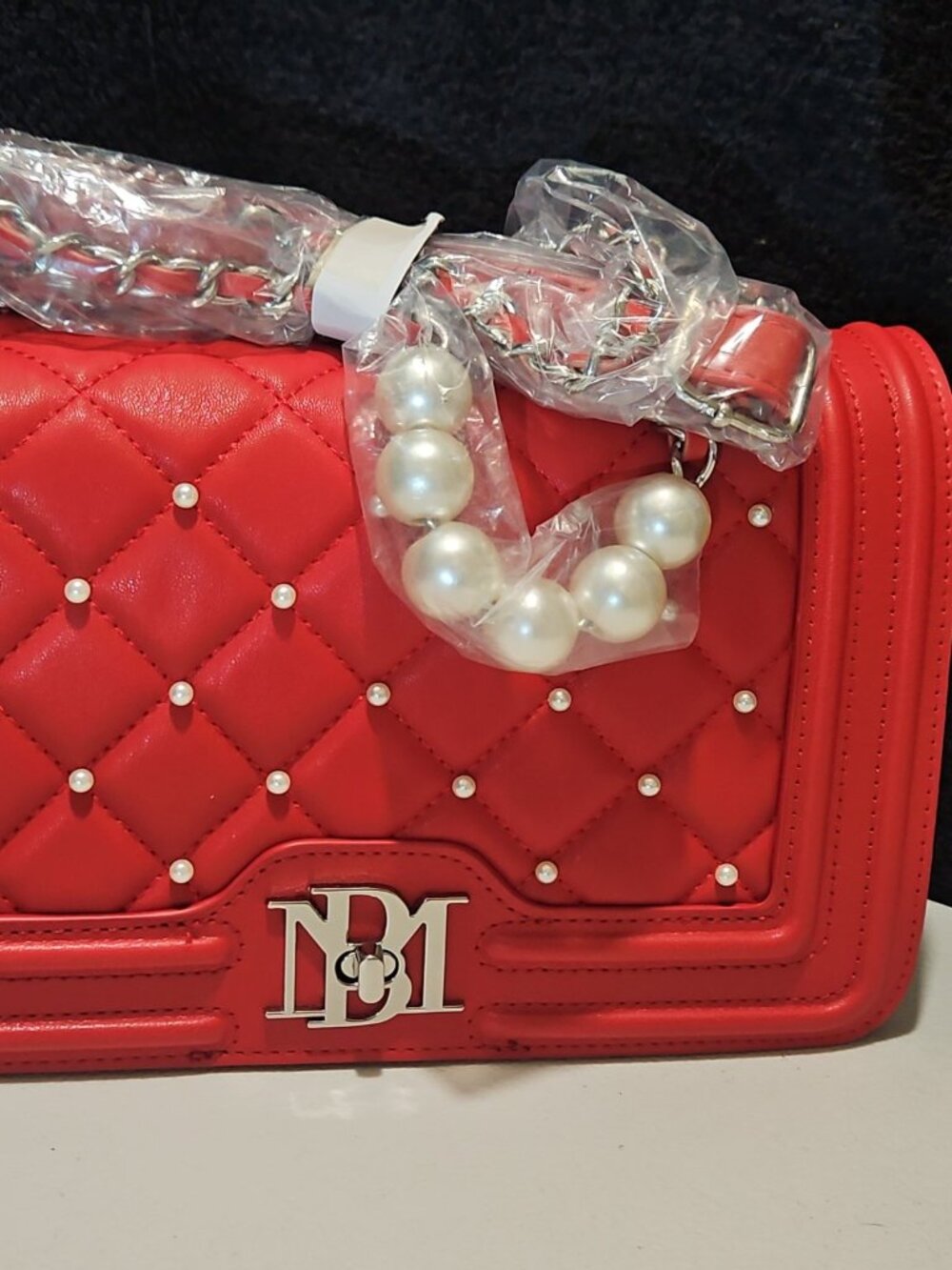 Badgley Mischka Red Quilted Letter-Lock Crossbody with Pearls NWT